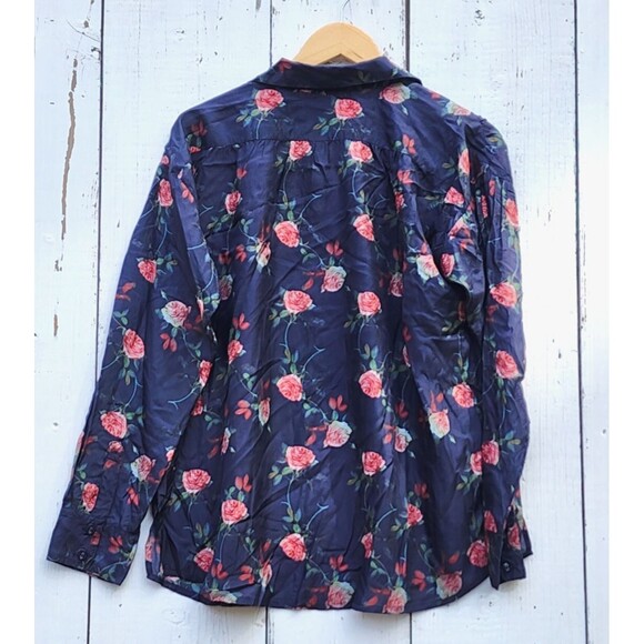 Johnny Was Women Navy Rose Collared Long Sleeve Silk Button Up Shirt L / XL READ - Picture 2 of 4